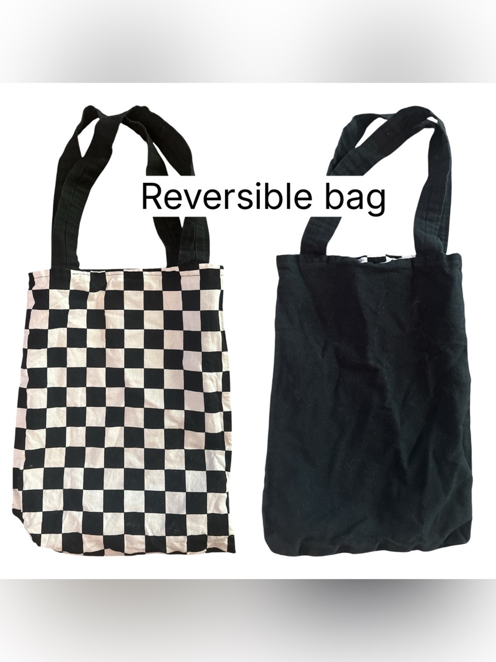 Reversible Checkerboard Tote Bag - Black & White Handmade Canvas Purse Checkered